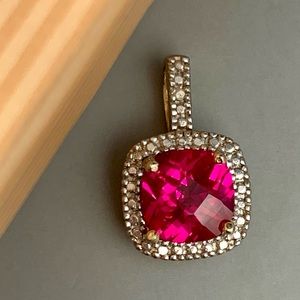 Lab Created Ruby Cushion & CZ Accent Silver Tone Pendant